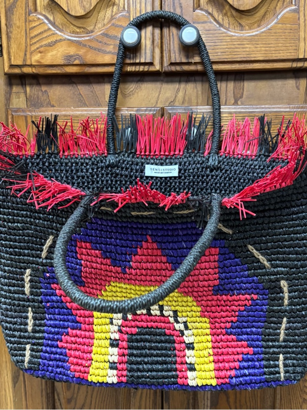 Sensi Studio Black Handwoven Straw Tote with Multicolor Sunburst